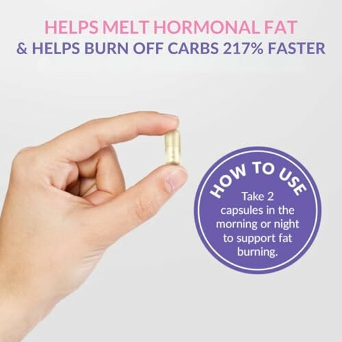 Hand holding a capsule with fat burning benefits and usage instructions.