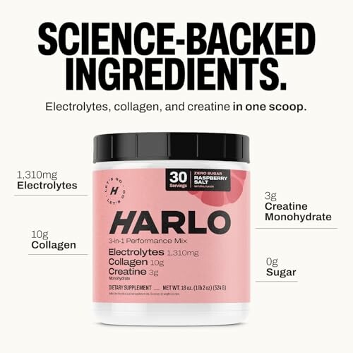 Harlo 3-in-1 performance mix with electrolytes, collagen, and creatine.