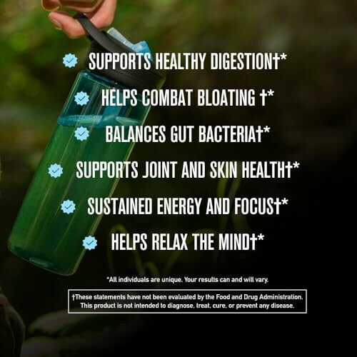 List of supplement benefits including digestion, bloating, gut bacteria, joint and skin health, energy, and mind relaxation.