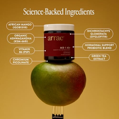 Health supplement jar on a mango with labeled ingredients.