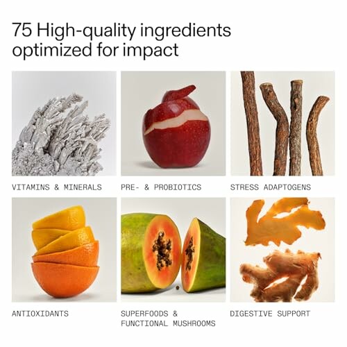 Collage of health supplement ingredients including minerals, probiotics, adaptogens, antioxidants, superfoods, and digestive support.
