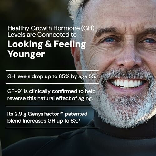 Man smiling with text about growth hormone benefits and aging.
