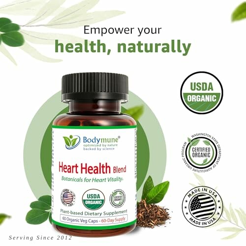 Heart health dietary supplement bottle with organic certifications.