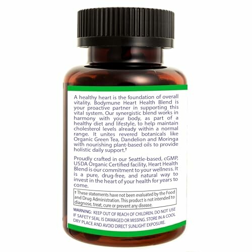 Back label of heart health supplement bottle with product description and warning.