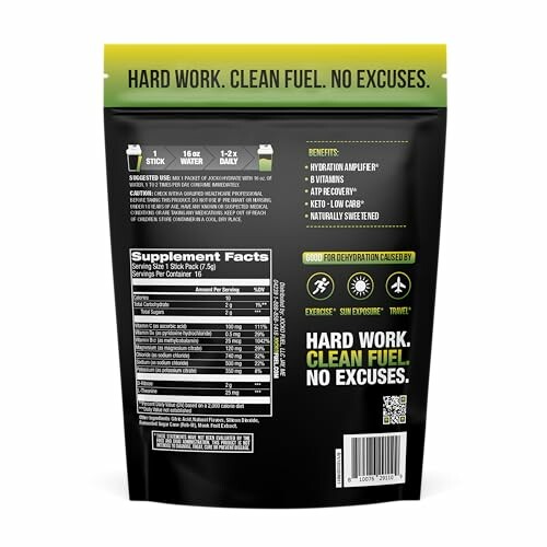 Back view of hydration powder supplement package with nutritional information.