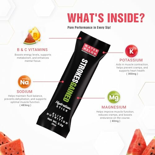 Watermelon flavored hydration stick with vitamin and mineral benefits.