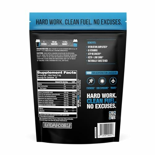 Back of a hydration supplement pack with nutritional information and benefits.