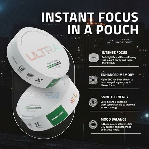 Instant focus energy supplement with benefits listed.