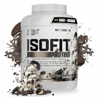 ISOFIT Protein Cookies & Cream flavor container with cookie graphics.