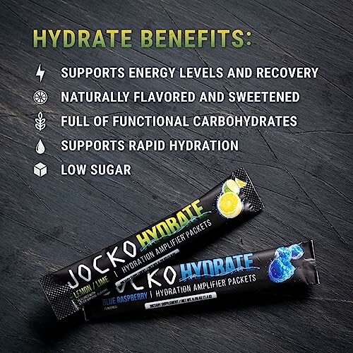 Jocko Hydrate benefits and packaging showing lemon lime and blue raspberry flavors.