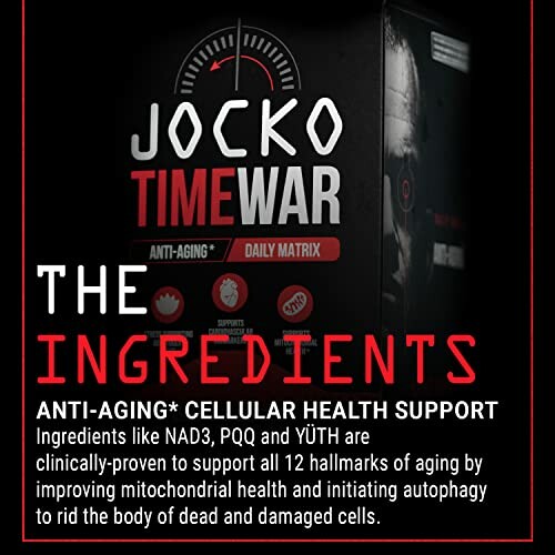 Jocko Timewar supplement box highlighting anti-aging ingredients.