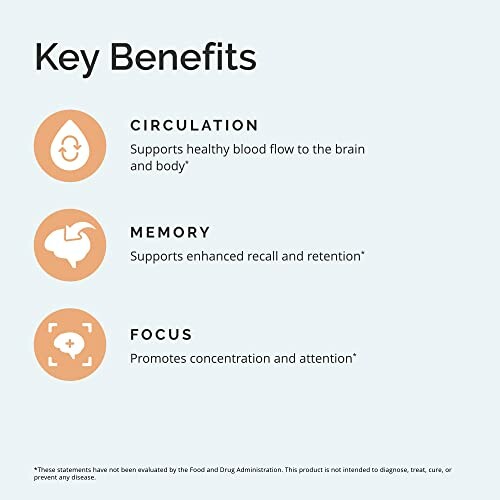 Infographic listing key benefits: Circulation, Memory, Focus.