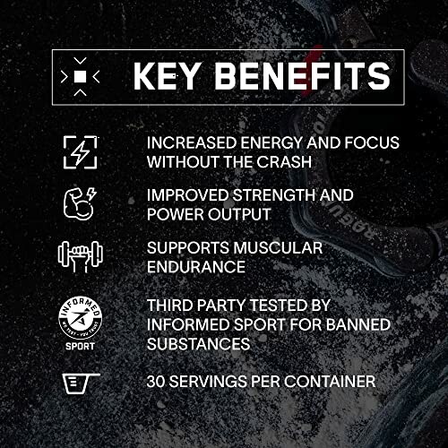 Key benefits of the supplement including energy, strength, endurance, and testing details.