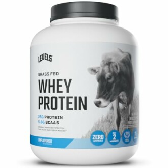 Levels Grass Fed Whey Protein container with cow image