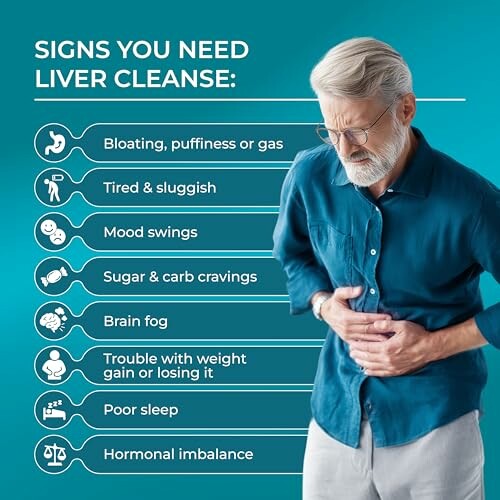 Signs you need liver cleanse with an older man holding his stomach.