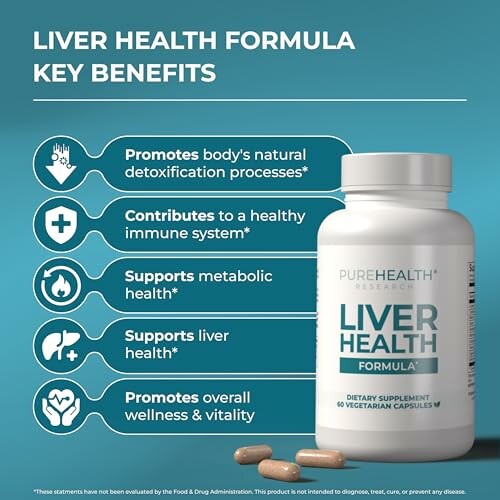 Liver health formula bottle with key benefits listed.