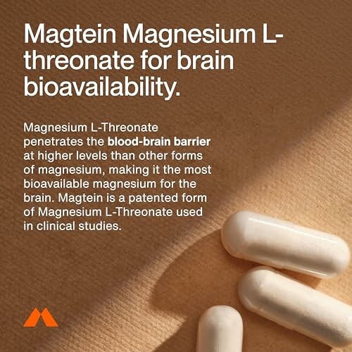 Magtein magnesium L-threonate capsules with text about brain bioavailability.
