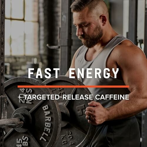 Man in gym with weights, promoting fast energy and targeted-release caffeine.