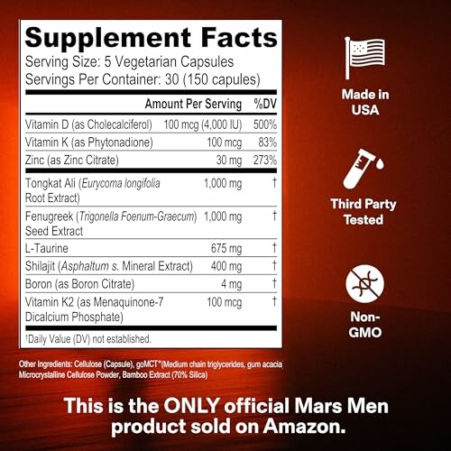 Supplement facts of Mars Men product with vitamins and minerals.