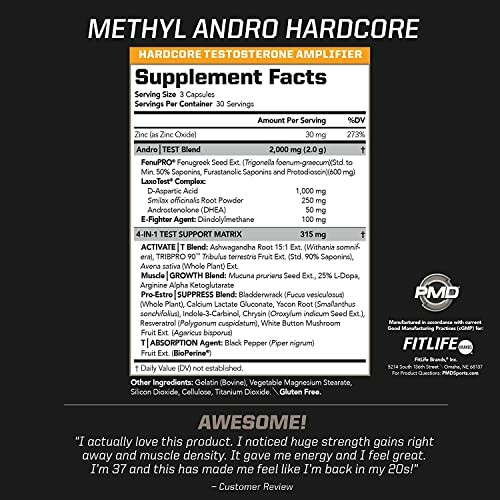 Supplement facts for Methyl Andro Hardcore testosterone amplifier.