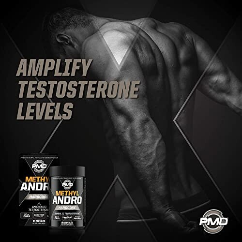 Back view of a muscular man with RMD Methyl Andro supplements and text 'Amplify Testosterone Levels'.