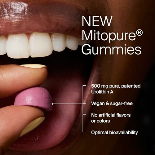 Close-up of a person holding a Mitopure gummy near their mouth with product details.