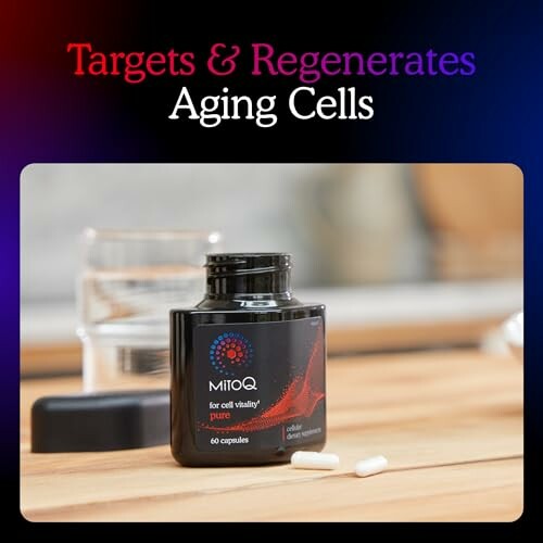 MitoQ supplement bottle with capsules targeting aging cells.