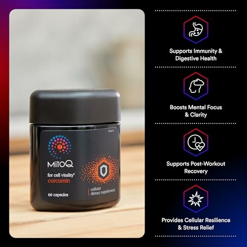 MitoQ Curcumin supplement with benefits listed: supports immunity, boosts focus, aids recovery, provides stress relief.