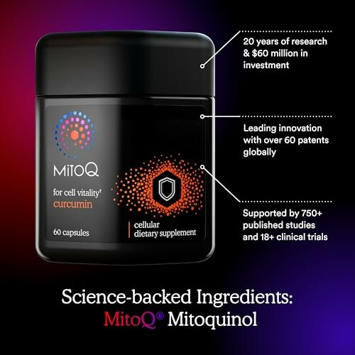 MitoQ Curcumin supplement with research highlights.