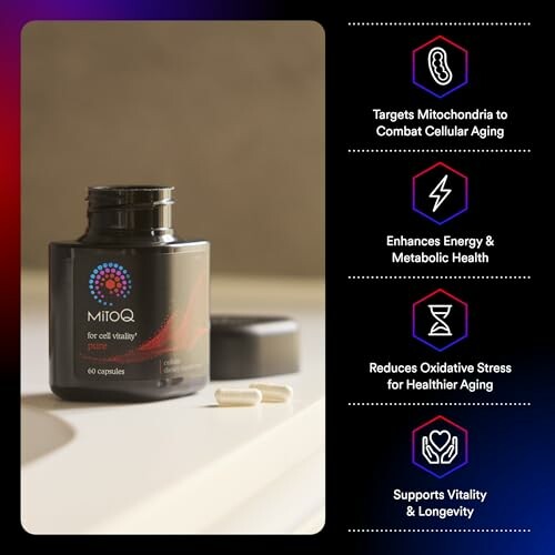 MitoQ supplement bottle with benefits highlighted.