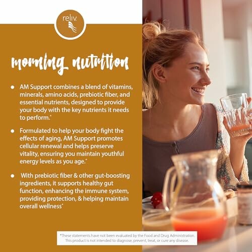 Woman enjoying breakfast with morning nutrition benefits listed.