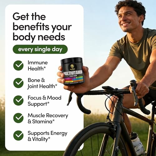 Man on a bicycle holding a multivitamin bottle with health benefits listed.