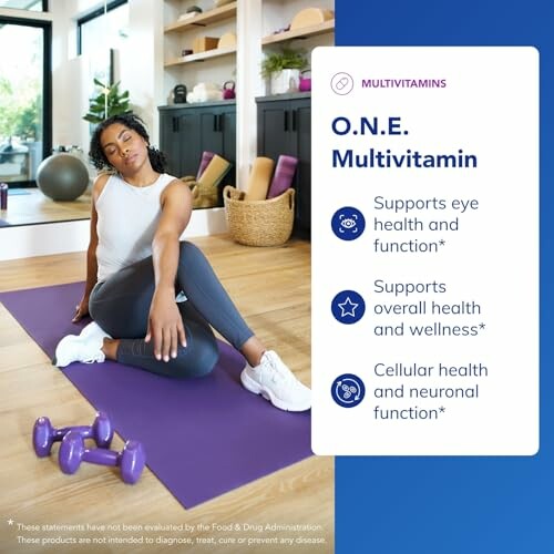 Woman exercising on yoga mat with multivitamin benefits listed, highlighting the importance of a well-rounded multivitamin like Pure Encapsulations O.N.E. Multivitamin.