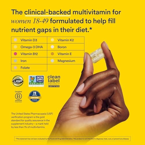 Multivitamin benefits for women 18-49 with key nutrients listed.