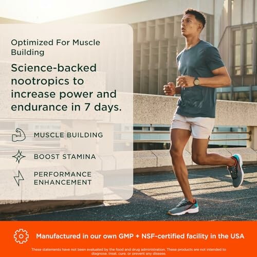 Man jogging with text on muscle-building nootropics.