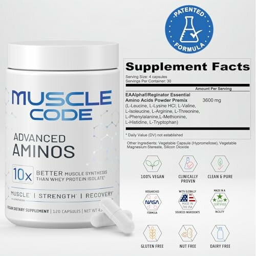 Muscle Code Advanced Aminos supplement bottle with supplement facts and icons indicating non-GMO, vegan, clinically proven, gluten-free, tree nut-free, and dairy-free features.