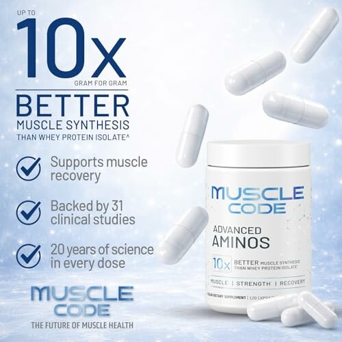 Muscle Code supplement advertisement with benefits and product image.