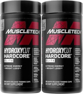 Two bottles of Muscletech Hydroxycut Hardcore Elite dietary supplement.