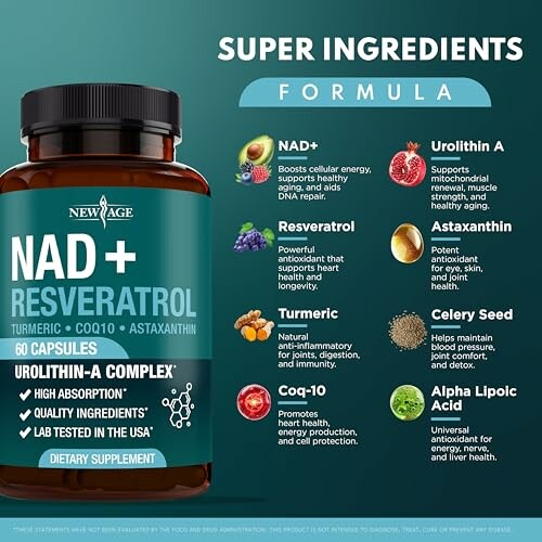 NAD+ Resveratrol supplement bottle with benefits and ingredients.
