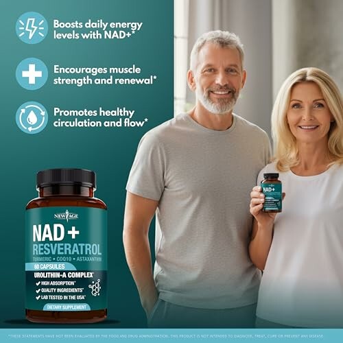 Older couple holding NAD+ Resveratrol supplement with health benefits listed.