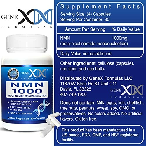 NMN supplement facts label with dosage and ingredients.