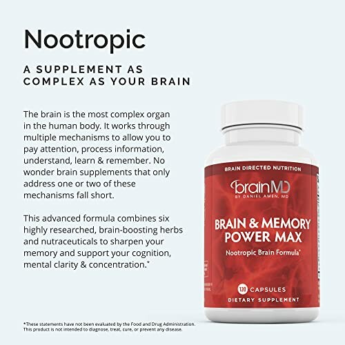 BrainMD Brain & Memory Power Max supplement bottle with description.