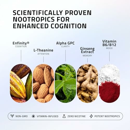 Nootropics for enhanced cognition: Enfinity, L-Theanine, Alpha GPC, Ginseng Extract, Vitamin B6/B12.