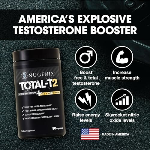 Nugenix Total T testosterone booster with benefits listed.