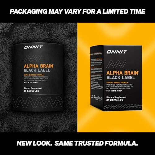 Onnit Alpha Brain Black Label packaging with new look.
