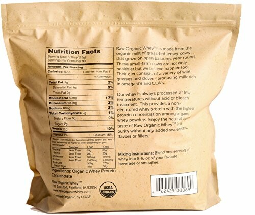 Back view of organic whey protein package showing nutrition facts and product description.