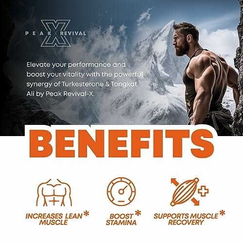 Man looking at mountains with text on muscle benefits.