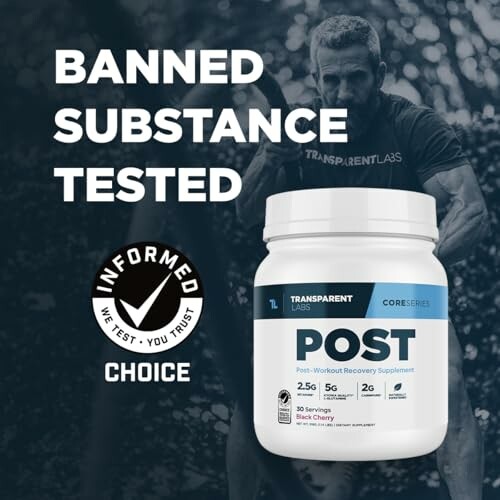 Post-workout supplement with informed choice logo.