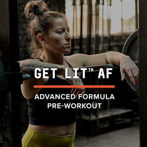 Woman in gym with Get Lit AF pre-workout text
