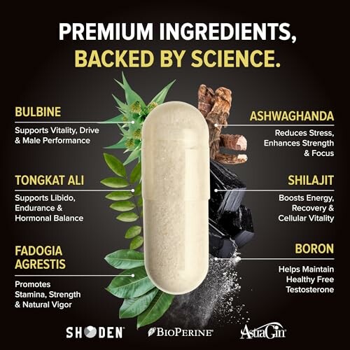 Supplement capsule with benefits of Bulbine, Ashwagandha, Shilajit, Boron, Fadogia Agrestis, and Tongkat Ali.